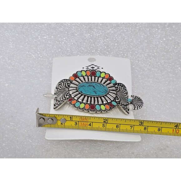 Western Style Silver Tone & Faux Turquoise Multicolor Hair Clip Barrette - Picture 2 of 3